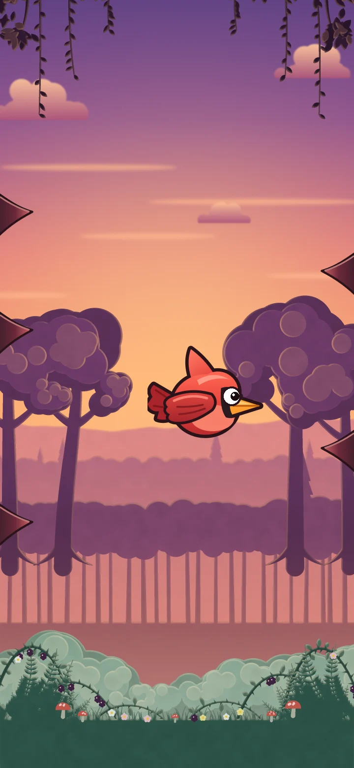Gameplay: a red bird flies between two walls of thorns in a forest at dusk